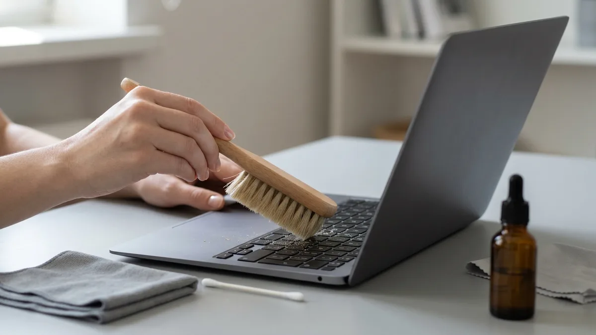Soft brush sweeping dust from between the keycaps of an open laptop keyboard at a shallow angle