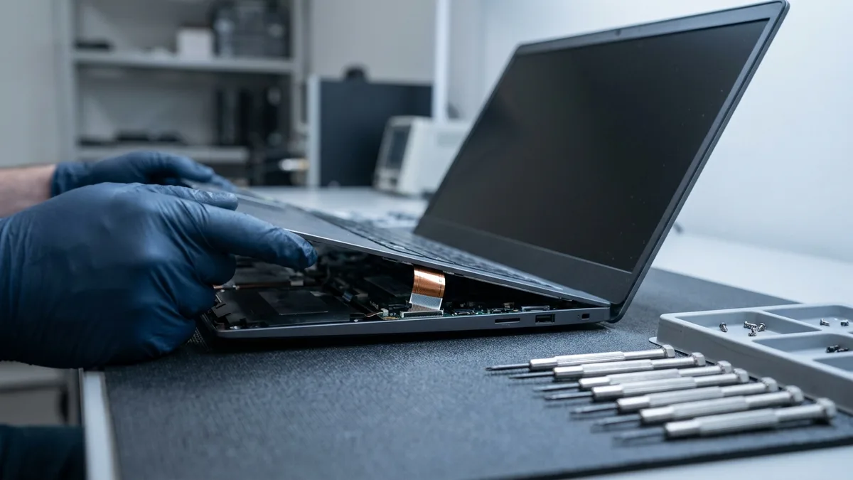 Technician lifting a laptop keyboard top panel away from the chassis on an anti-static repair bench