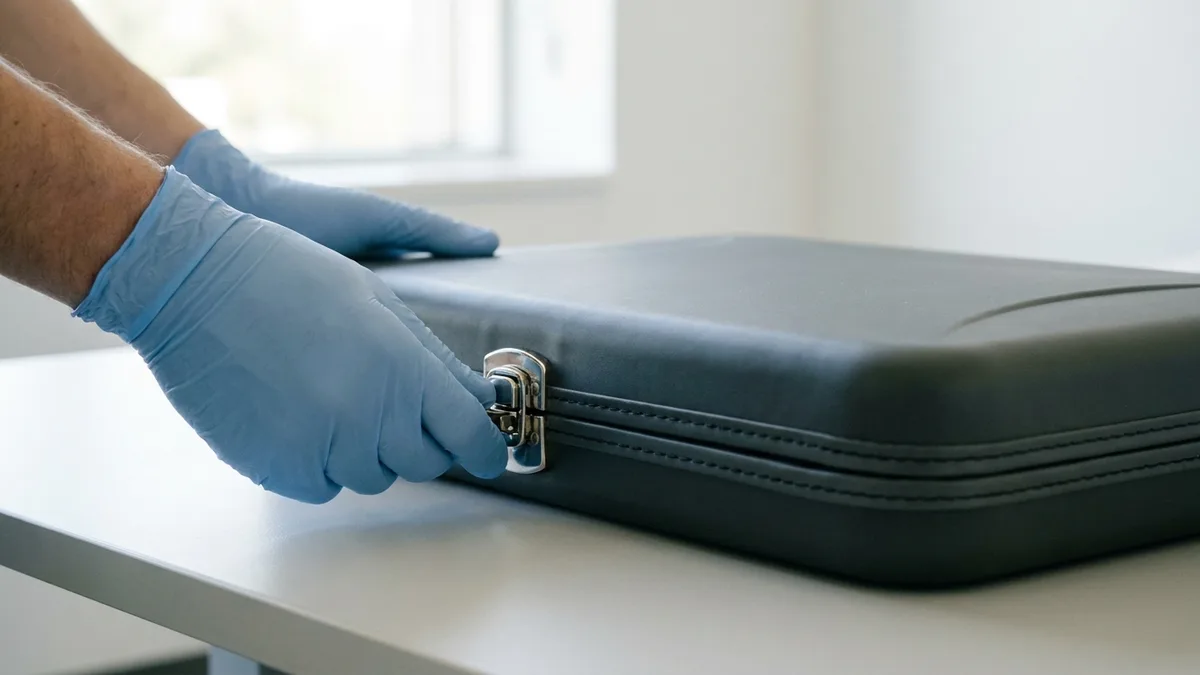 Tangan bersarung getah nitril biru muda menutup selak logam berkilat pada beg peralatan berlapik kelabu gelap yang nipis di atas meja pucat di sisi tingkap pejabat yang terang.