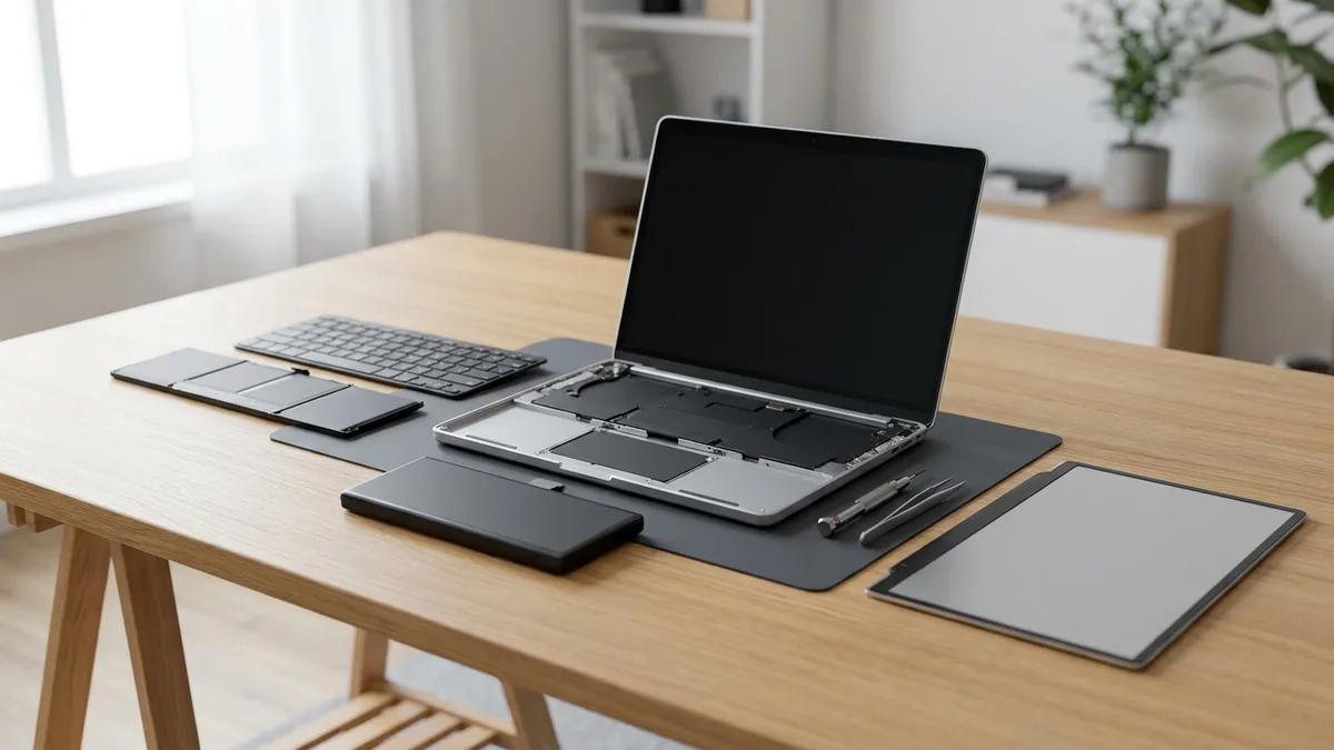 Opened laptop on a repair mat with its battery, keyboard and display panel laid out beside precision tools
