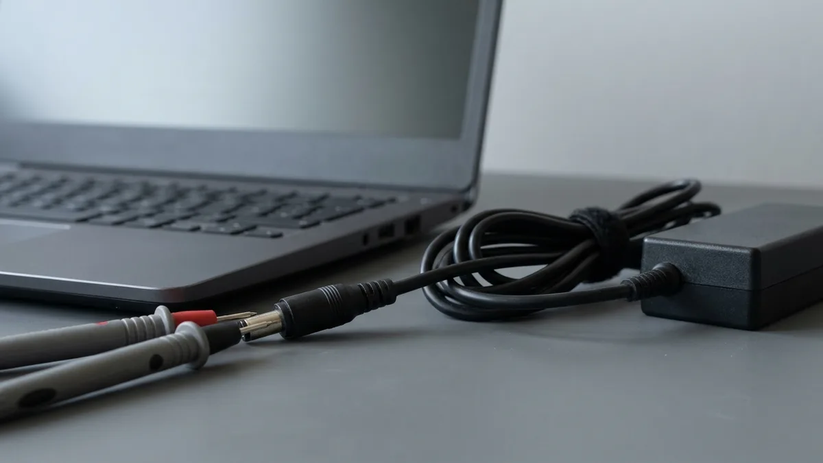 Laptop power adapter on a workbench with multimeter probes testing its barrel plug for output