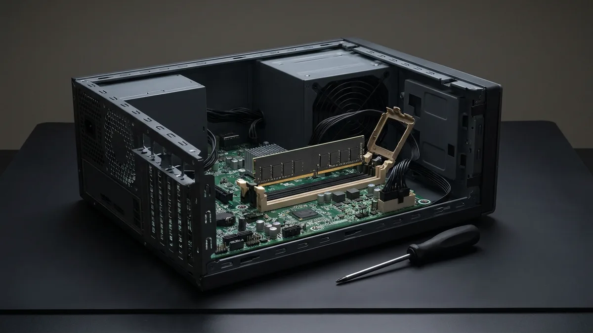 Open desktop computer case with one memory module raised out of its motherboard slot and the retaining clip released
