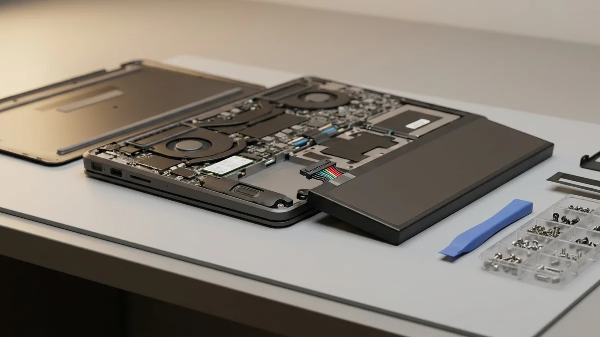 Laptop on a bench with its bottom cover removed and lying beside it, the battery lifted out of the chassis with its ribbon connector still attached, next to a blue opening tool and a compartmented tray of screws