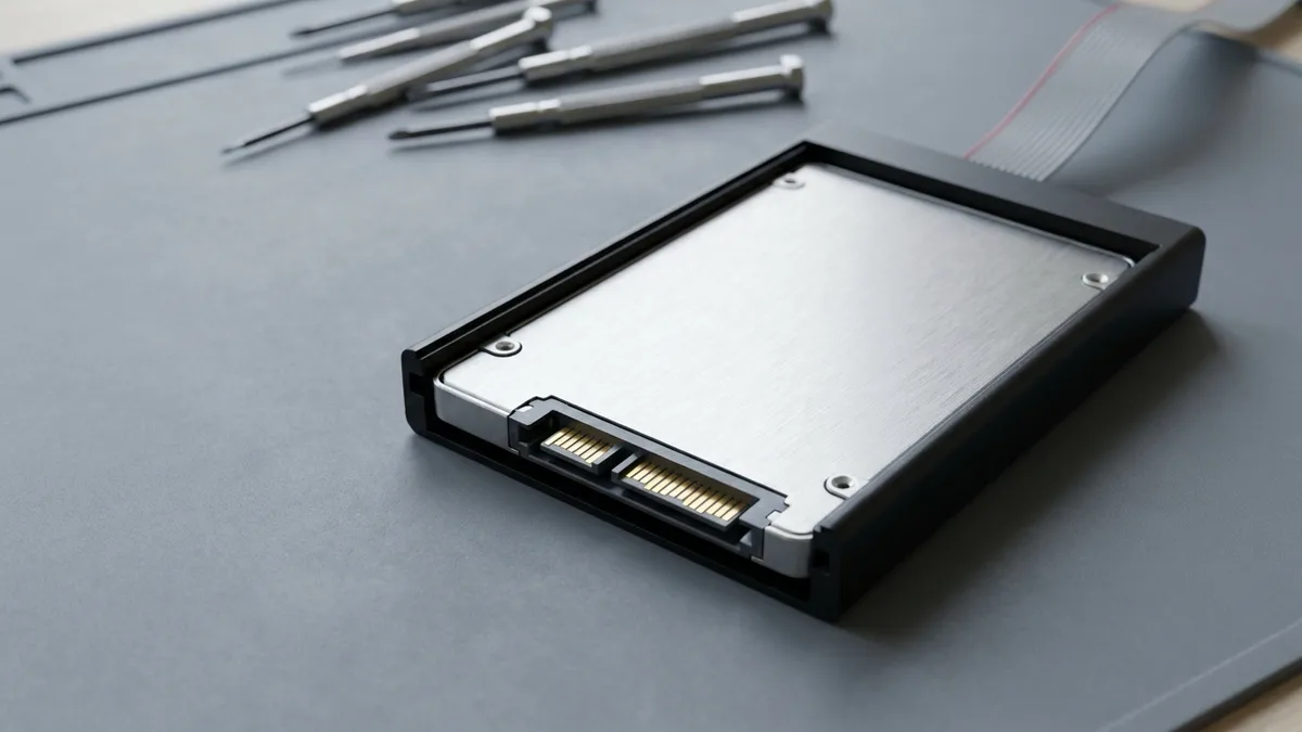 A 2.5-inch storage drive in a dark caddy on a grey mat, its flat gold SATA contacts facing the camera, precision screwdrivers lying out of focus behind.