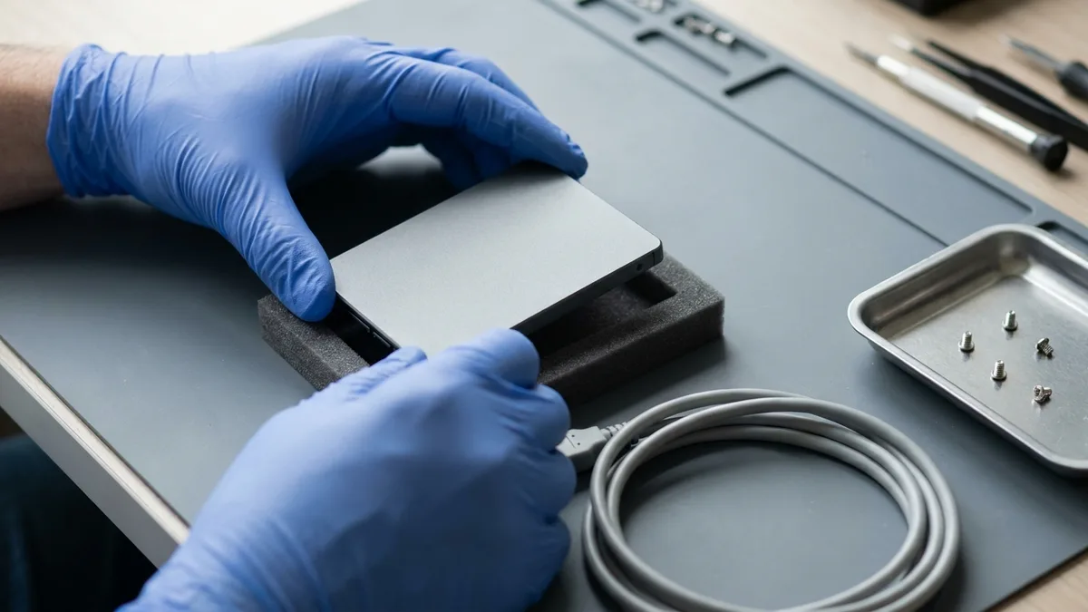 Two blue-gloved hands lowering a 2.5-inch storage drive onto a black foam cradle on a grey bench mat, with a metal parts tray of loose screws and a coiled grey cable beside it.