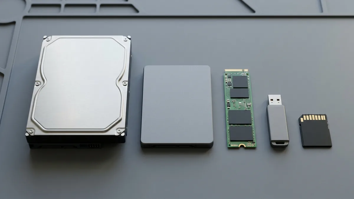 Five storage devices in a row on a grey mat at true relative sizes: a large 3.5-inch hard disk, a 2.5-inch drive, a slim green M.2 stick, a small USB flash drive and a memory card, every one blank and unmarked.