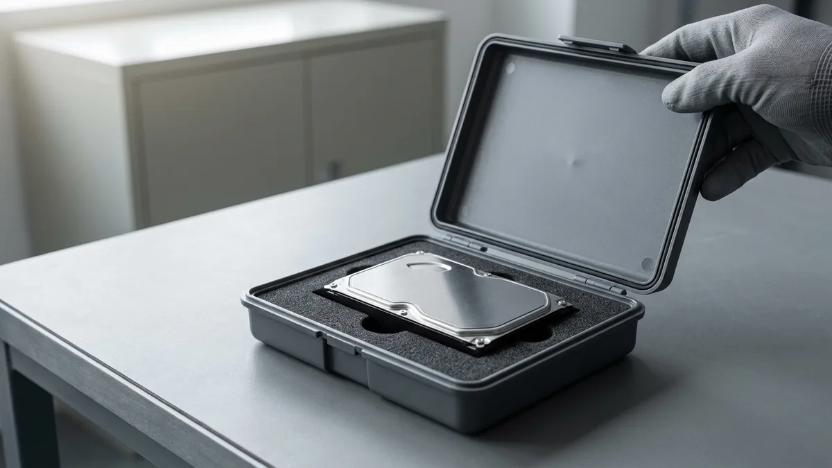 A 3.5-inch hard disk resting in a foam-lined anti-static carry case on a bench, a gloved hand on the open lid about to close it, a plain closed cabinet blurred in the background.