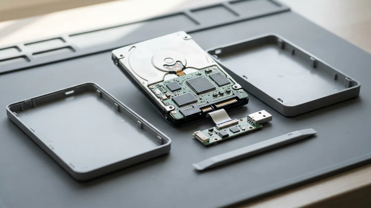 A portable external hard drive taken apart: the plastic enclosure lies open in two halves, the bare 2.5-inch drive is lifted out showing its underside circuit board, and the small USB bridge board is still joined to it by a flat white ribbon.