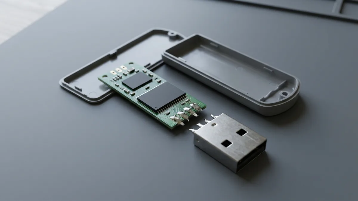 A USB flash drive split open: the plastic shell lies in two halves, the small green circuit board with two blank black chips is laid flat, and the metal USB connector has snapped away with four torn solder pins showing.