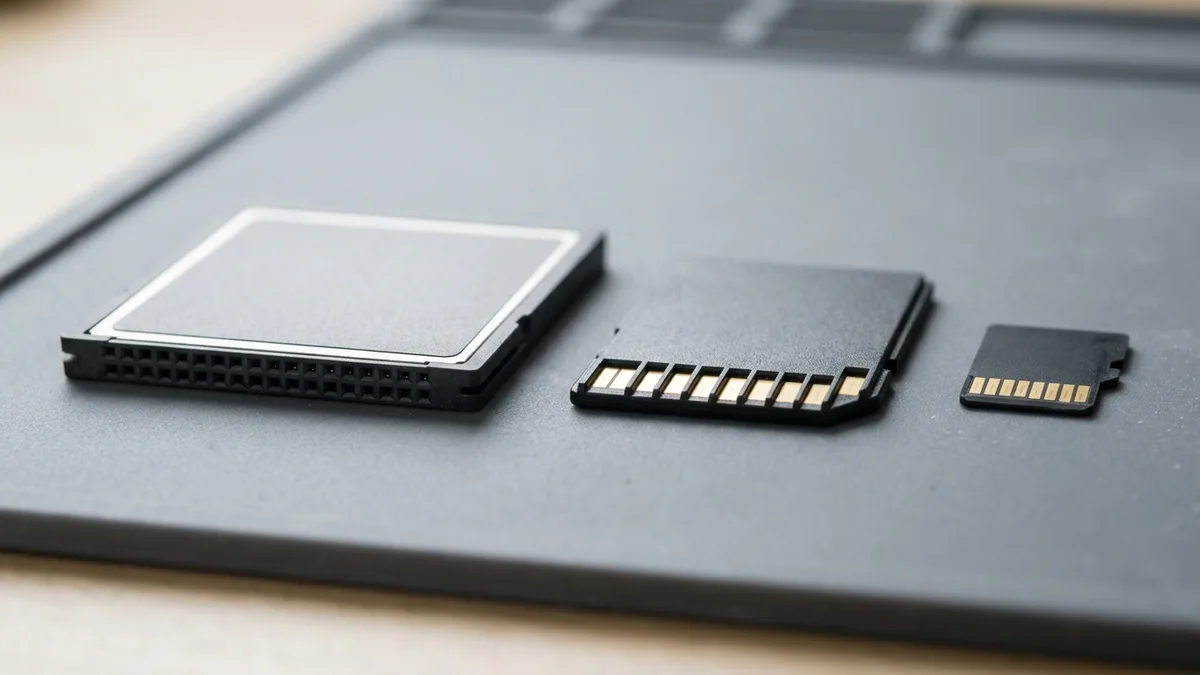 Three memory cards side by side on a grey mat at true relative sizes: a thick CompactFlash card showing the two rows of small square socket holes in its front edge, a standard SD card showing nine gold contacts, and a much smaller microSD card.