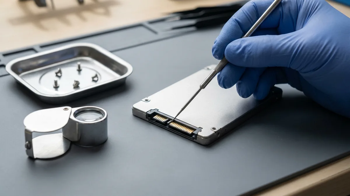 A gloved hand holding a fine steel probe against the gold SATA contacts of a bare 2.5-inch storage drive on a grey bench mat, with a metal parts tray of screws and a folding loupe beside it.