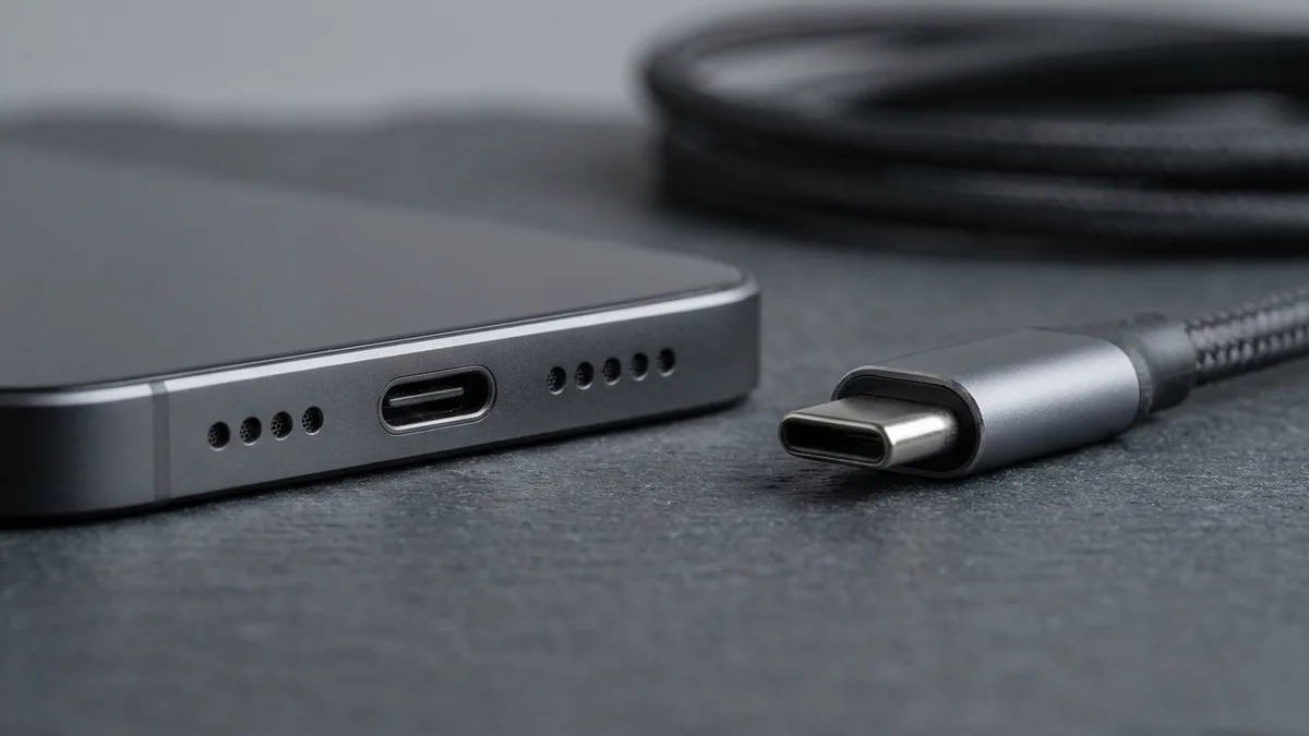 The USB-C socket on the bottom edge of an iPhone 15 beside a matching USB-C cable tip