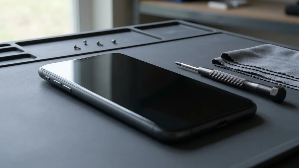 A black smartphone lying face up with its screen off on a dark repair mat, beside four small screws, a precision screwdriver and a grey microfibre cloth