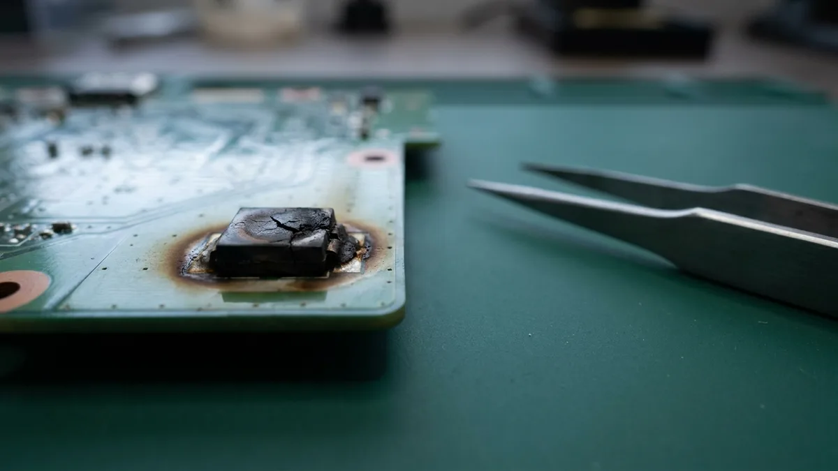 Close-up of a scorched surface-mount component on a laptop motherboard, a brown burn halo around its solder pads