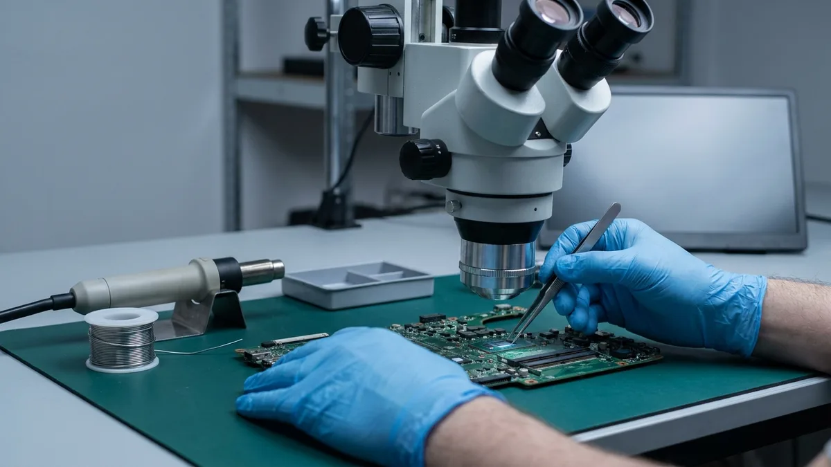 Gloved hands holding fine tweezers over a bare laptop motherboard beneath a bench microscope in a repair workshop