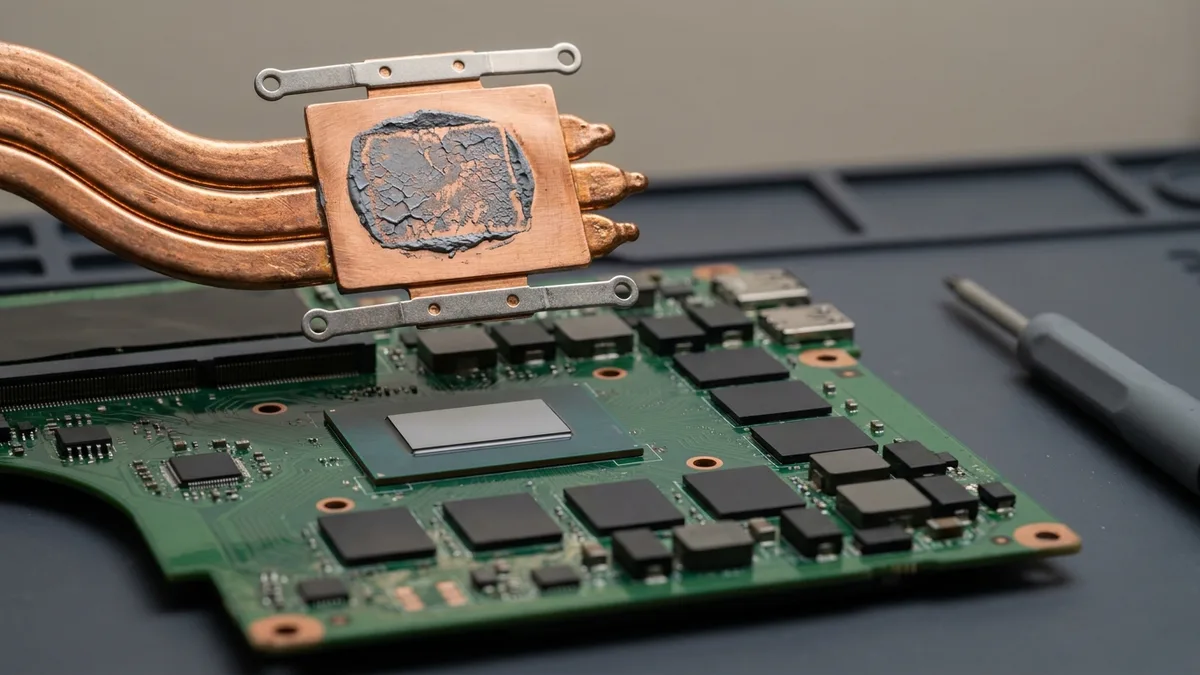 Copper heatpipe assembly lifted off a gaming laptop board, dried cracked thermal paste on its contact plate and the bare graphics chip below