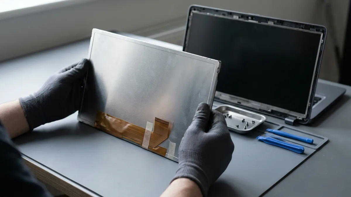 Two dark-gloved hands hold a bare replacement laptop display panel upright on its edge, face turned away so only the plain metal rear shell and the orange flat ribbon cable taped across it are visible, with a detached laptop lid standing behind it, its bezel removed and its panel dark, beside a steel tray of loose screws and two blue plastic pry tools.