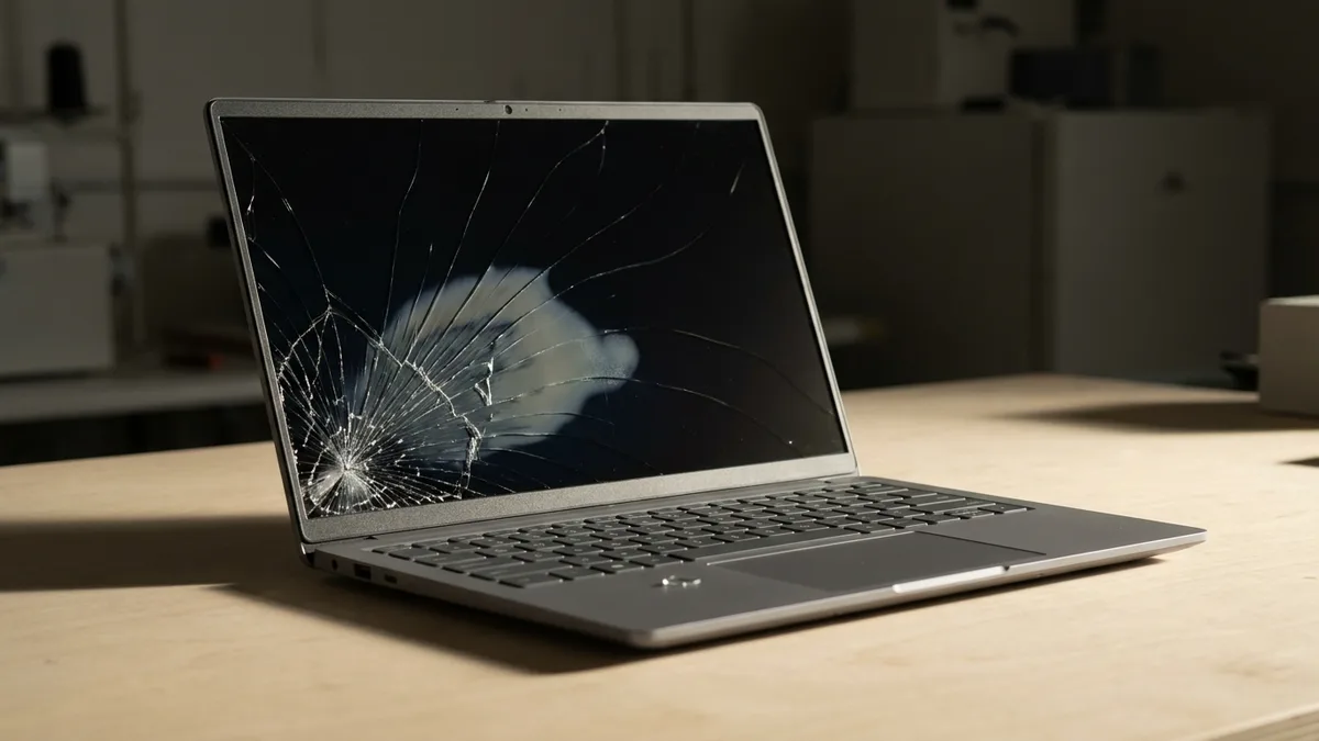 An open laptop on a pale wooden bench with its screen switched off and completely dark, a wide spider-web of impact cracking spreading across the lower left of the glass from one struck point, with a pale cloudy bruise where the layers behind the glass have separated.