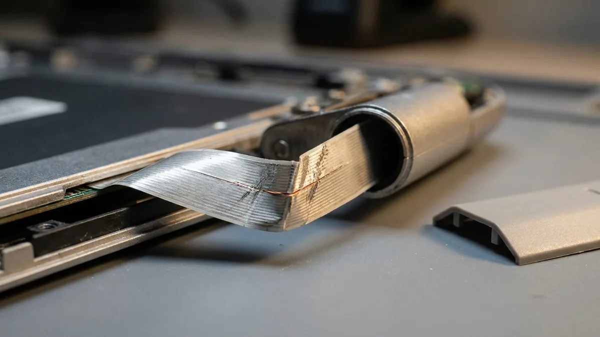 An extreme close-up of a laptop display flex ribbon where it passes through the open hinge barrel, the flat silver ribbon creased and scuffed along one fold with a split opening at the crease and fine copper strands showing through, the plastic hinge cover lying beside it on a grey bench mat.