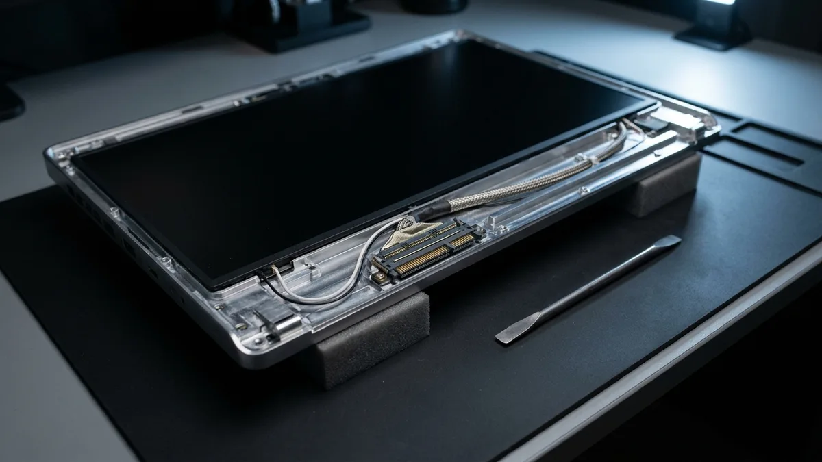 A laptop lid with its bezel removed rests on a black anti-static mat, the dark panel tilted forward onto two foam blocks so the back of the lid is exposed, showing the wide gold multi-pin display connector, the thick shielded display cable and two thin antenna wires routed along the metal channel, with a plain metal spudger lying on the mat.