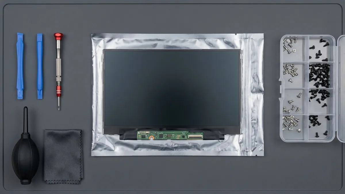 A flat overhead view of a service bench: a bare replacement laptop display panel, dark and switched off, lies half out of a plain silver anti-static bag in the centre, with two blue plastic pry tools, a small precision screwdriver, a rubber dust blower and a folded grey microfibre cloth to the left and a clear compartment box of sorted screws to the right.