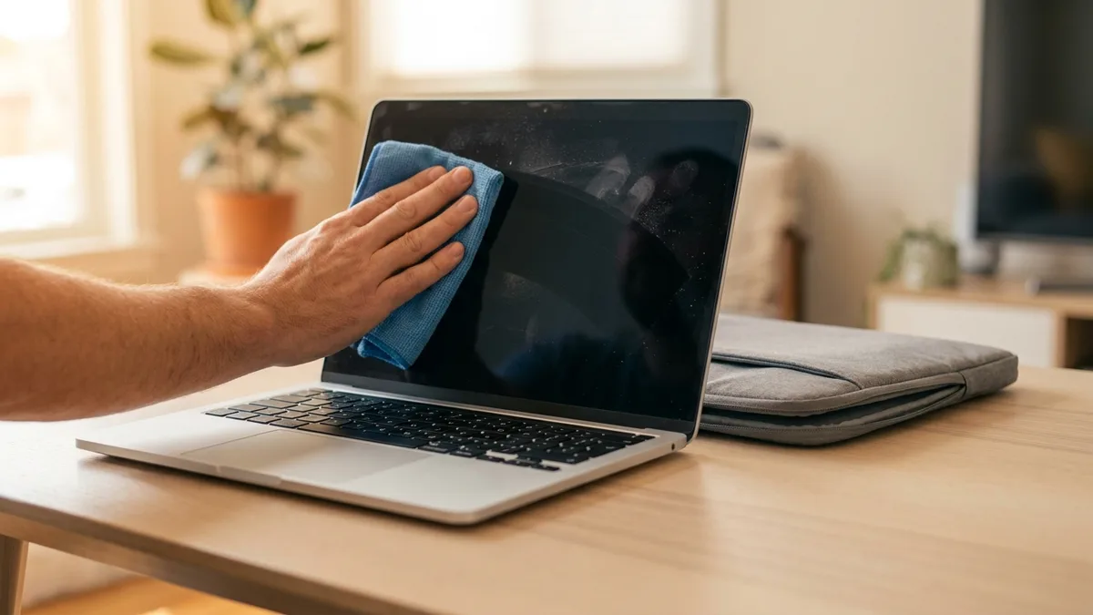 A bare hand draws a folded blue microfibre cloth across the switched-off dark screen of an open laptop on a light wooden desk, fine dust specks still visible on the glass ahead of the cloth, with a padded grey laptop sleeve lying on the desk beside the machine.