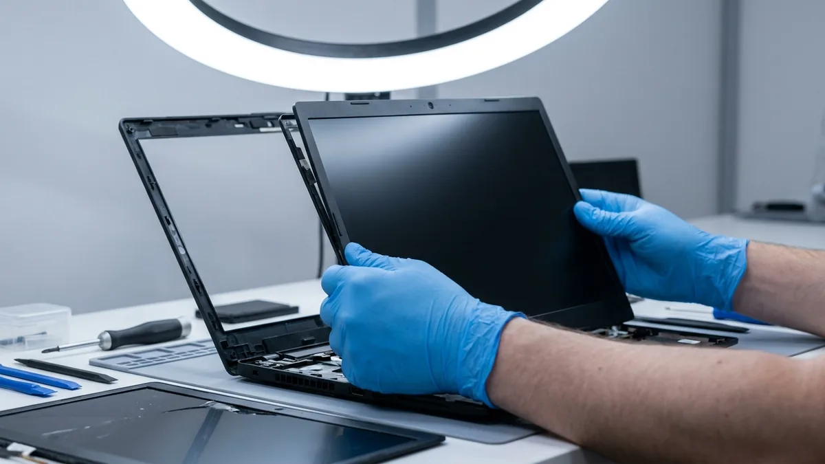 Two blue-gloved hands lower a new dark laptop display panel into an opened lid under a bright ring light, the removed plastic bezel standing empty to the left and the old cracked panel lying face-up on the white bench in front.