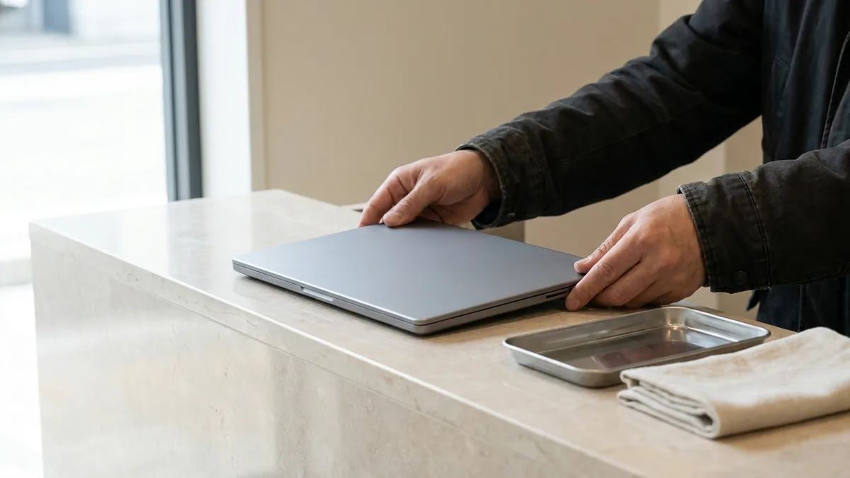 Two hands set a closed slim silver laptop down flat on a pale stone counter beside an empty stainless steel tray and a folded cream cloth, with a bright window to the left.