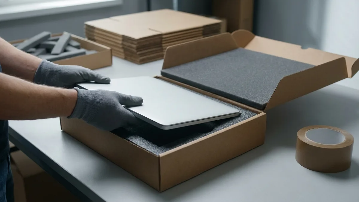 Gloved hands lowering a closed laptop into a foam-lined courier carton for depot repair