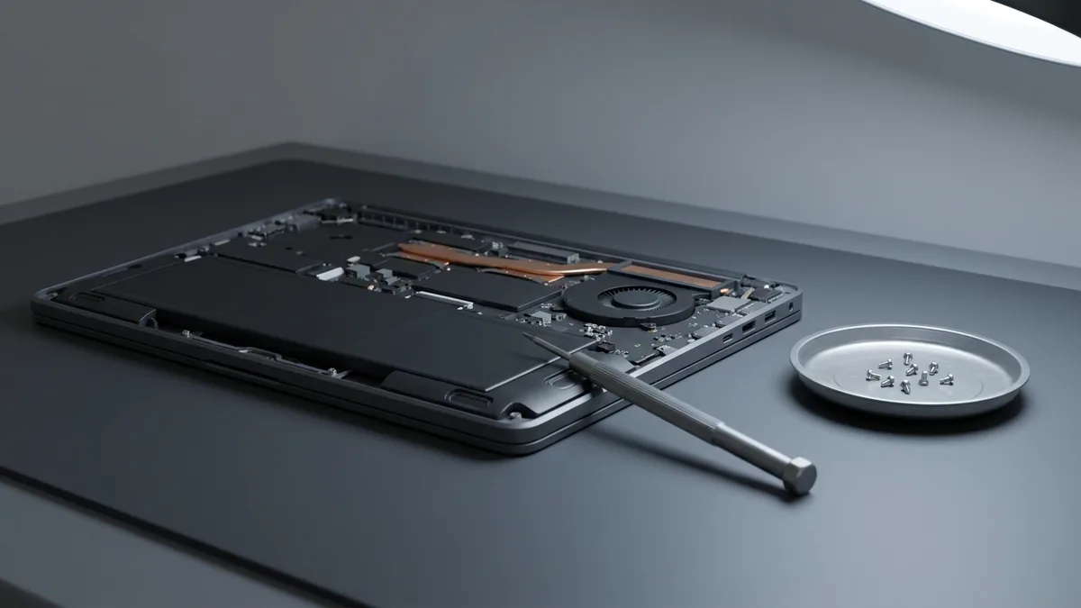 Laptop with its base cover removed on a workshop bench, battery, copper heat pipe and fan exposed