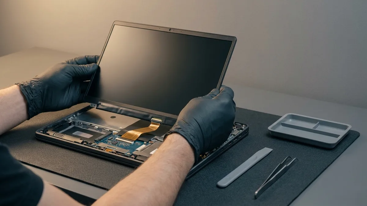 Technician seating a replacement laptop screen panel and connecting its ribbon cable at the bench