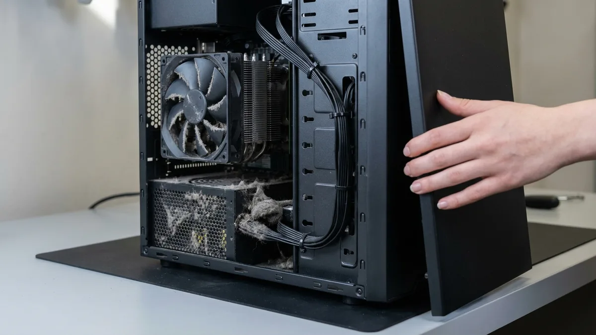 打开侧板的台式机主机,CPU 风扇与电源上积满灰尘,而机箱内部的线缆却已捆扎整齐