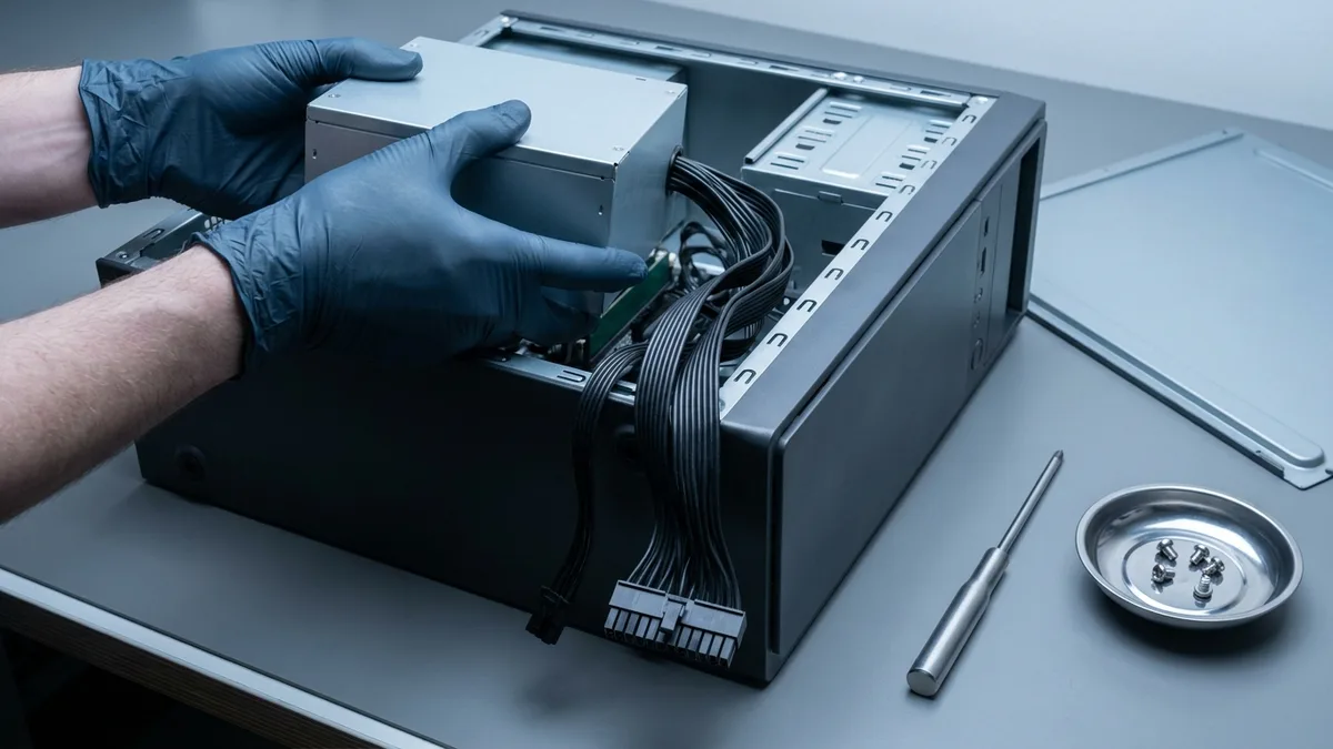 Dua tangan bersarung nitril biru gelap mengangkat unit bekalan kuasa desktop keluar dari bahagian atas casing menara yang terbuka, berkas tebal kabel hitamnya masih terjuntai ke dalam casing dan penyambung papan induk 24-pin yang lebar tergantung bebas di hadapan, dengan pemutar skru dan piring keluli kecil berisi skru casing di atas meja di sebelahnya.
