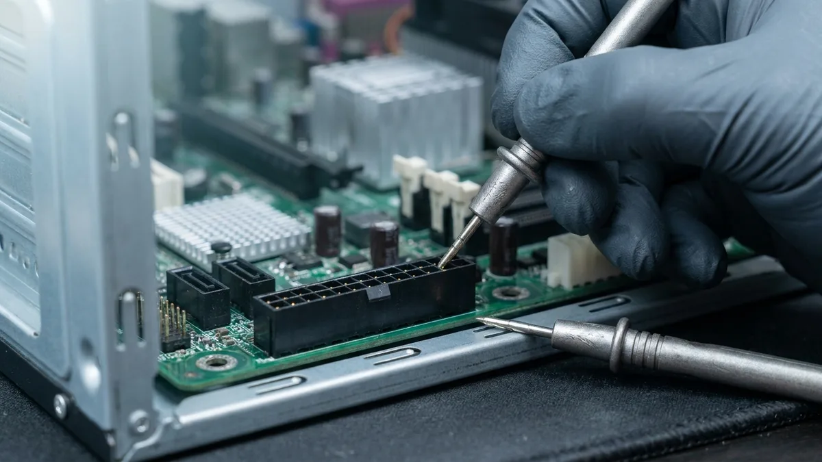 Tampak sangat dekat sebelah tangan bersarung menyentuhkan prob logam halus sebuah multimeter polos pada satu pin penyambung kuasa 24-pin yang lebar pada papan induk desktop, prob kedua terletak pada rangka logam casing, dengan penyerap haba, kapasitor dan penyambung pemacu papan itu kabur di belakangnya.
