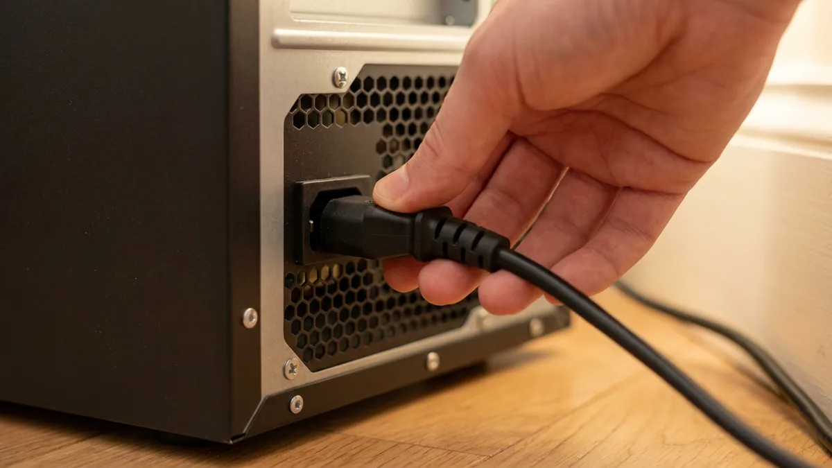 Sebelah tangan menolak hujung acuan kabel kuasa hitam ke dalam soket masuk tiga pin di belakang unit bekalan kuasa menara desktop, palamnya masih terkeluar sedikit daripada soket, dengan gril pengudaraan berbentuk sarang lebah di sekelilingnya dan kabel itu memanjang di atas lantai kayu.