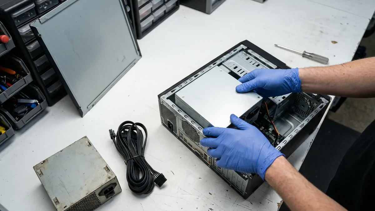Dua tangan bersarung biru menurunkan unit bekalan kuasa desktop yang baharu ke dalam ruangnya di bahagian belakang casing menara terbuka yang terletak di atas meja putih, unit lama dan berkas kabel hitam bergelung di atas meja di sebelah kiri, sebuah pemutar skru di belakang dan kabinet alat ganti yang kabur di latar belakang.