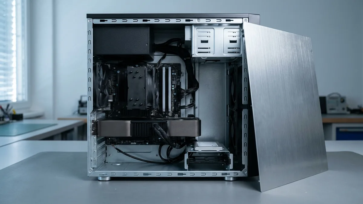 A desktop tower stands open on a workbench with its steel side panel leaning against it, the whole interior on show: the power supply at the top, a large graphics card across the middle, two memory sticks upright beside the tall cooler and a drive in its cage below.