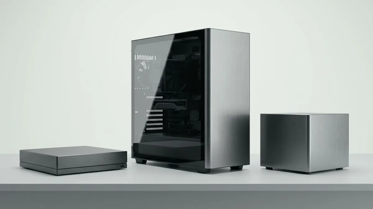 Three desktop computers of clearly different shapes stand side by side on a studio bench: a slim flat office box on the left, a tall gaming tower with a clear glass side panel in the middle, and a small brushed-metal cube on the right.