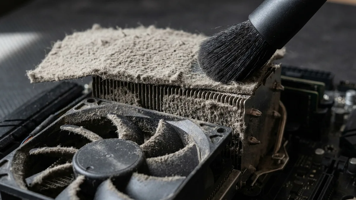 An extreme close-up inside an opened desktop of a processor cooler completely choked with dust, the fan blades furred over and the fins behind them packed solid, with a soft brush lifting one edge of the dust mat away in a single sheet.