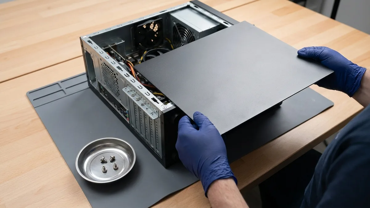 Two hands in dark blue nitrile gloves slide the steel side panel off a desktop tower lying on its side on a bench mat, the panel already half clear of the chassis so the interior begins to show, with four thumbscrews resting in a small steel dish beside it.