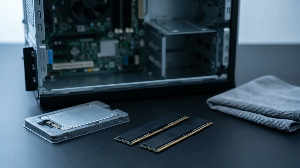 Two new memory sticks and a small solid-state drive lie sharply in focus on a dark bench in the foreground, with an opened desktop tower standing softly out of focus behind them and a folded microfibre cloth to one side.