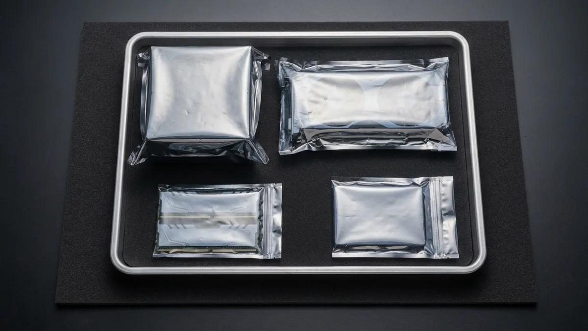 Four replacement desktop components lie neatly in a shallow steel tray on a foam sheet, each sealed in its own plain silver anti-static bag with the outline of the part showing through the foil.