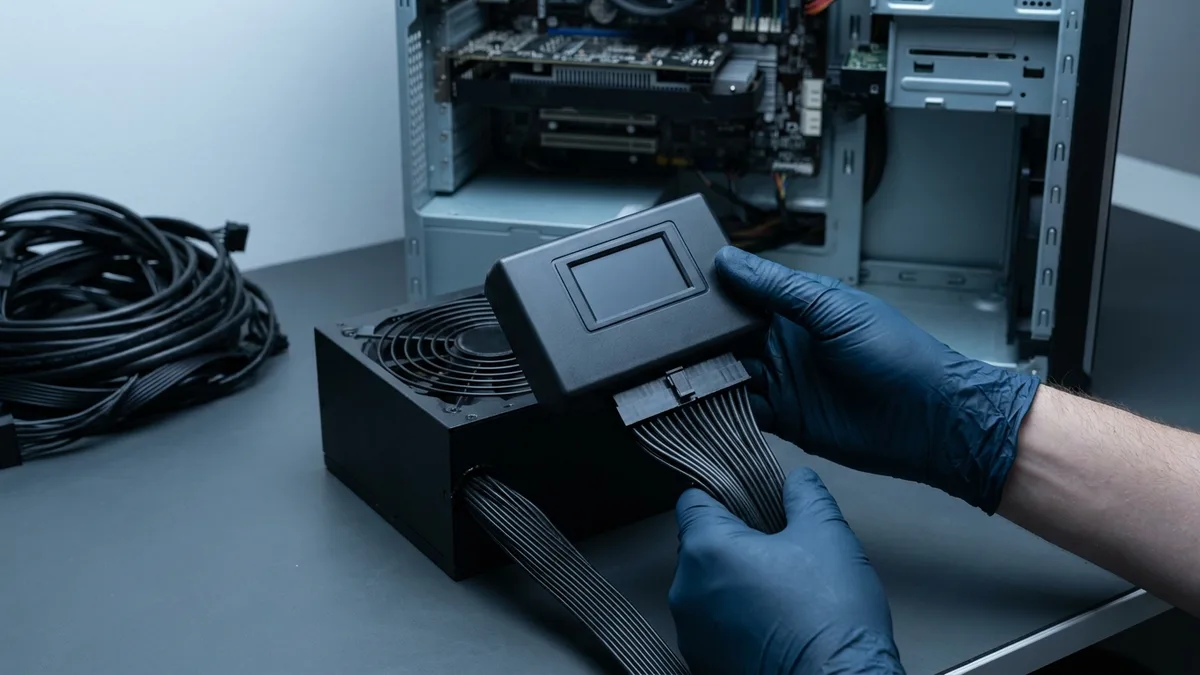 Two blue-gloved hands hold a plain unbranded power-supply tester with its wide connector plugged into the main cable of a desktop power supply on the bench, the tester's small display completely blank and unlit, the opened tower it came out of standing behind.