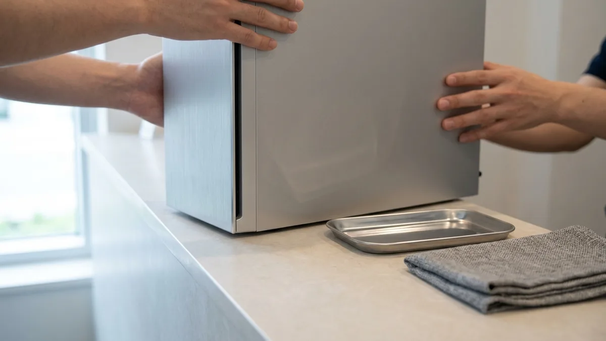 Two hands set a slim silver desktop tower down upright on a pale stone service counter beside an empty stainless steel tray and a folded grey cloth, with a second person's hands reaching in from the right to take it.