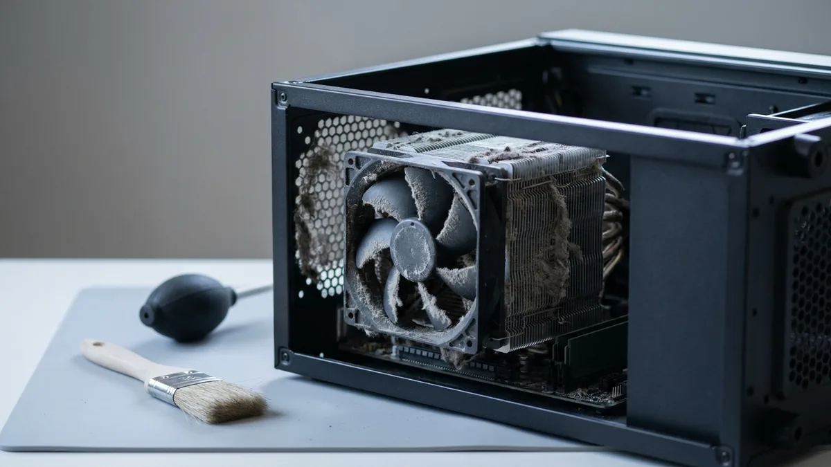 An open desktop case on a workbench mat with a tall CPU tower cooler inside, its fan blades and aluminium fin stack packed with thick grey dust that bridges the fins, and a soft brush and rubber air blower lying on the mat beside it