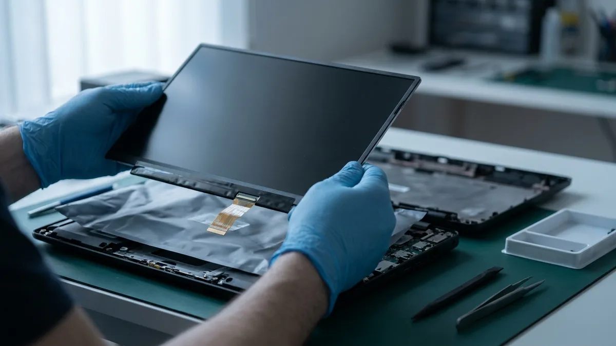 Gloved hands lifting a bare replacement laptop LCD panel above an opened laptop chassis on a repair bench