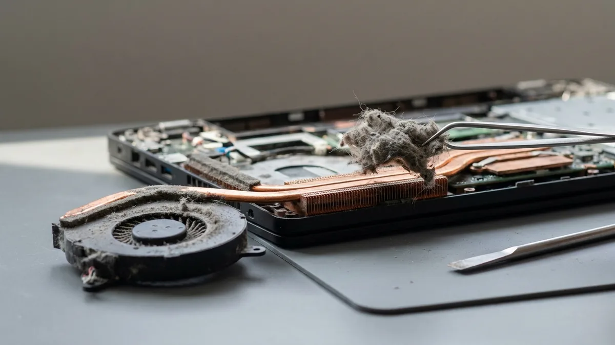 Thick dust lifted away from a laptop's copper heatsink fins, with the clogged cooling fan removed and sitting beside the opened chassis