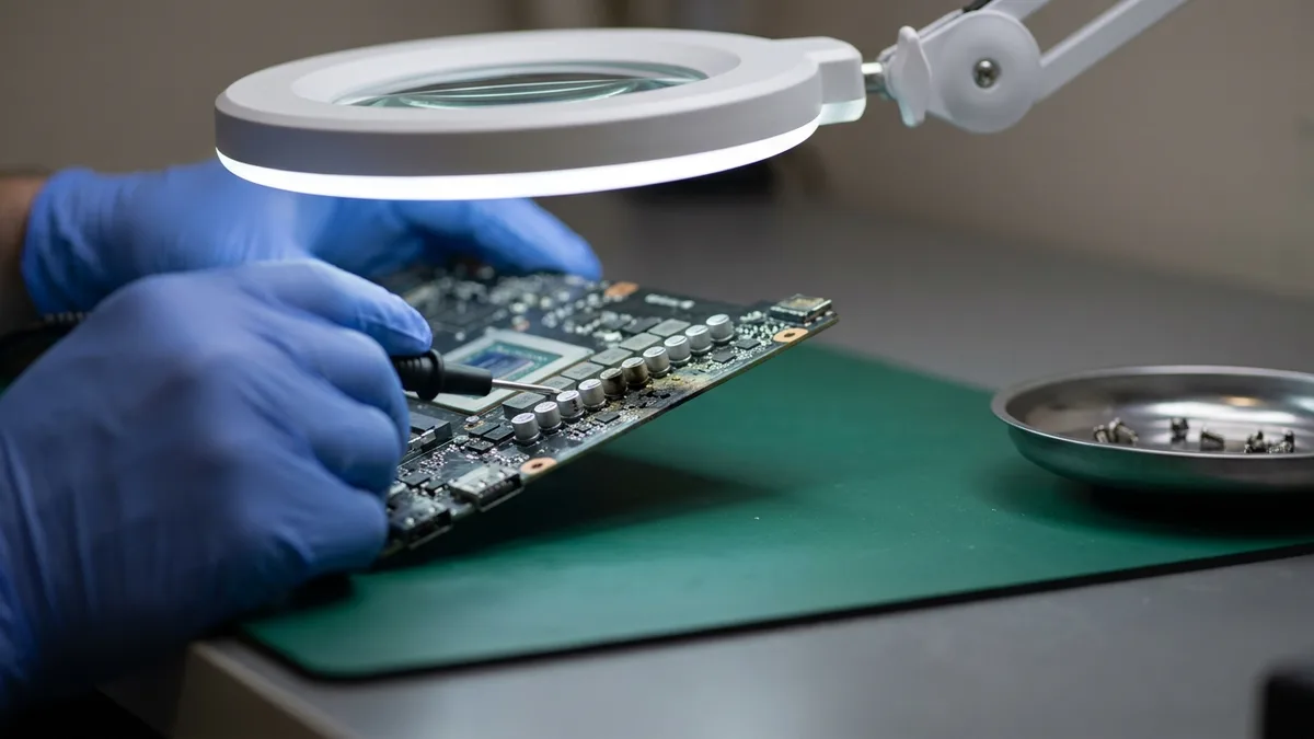 A technician inspecting the power section of a bare laptop mainboard with a probe under a magnifier lamp