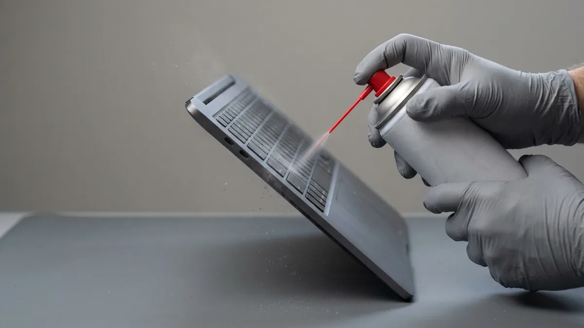 Gloved hands spraying compressed air between the keys of a laptop held on its edge
