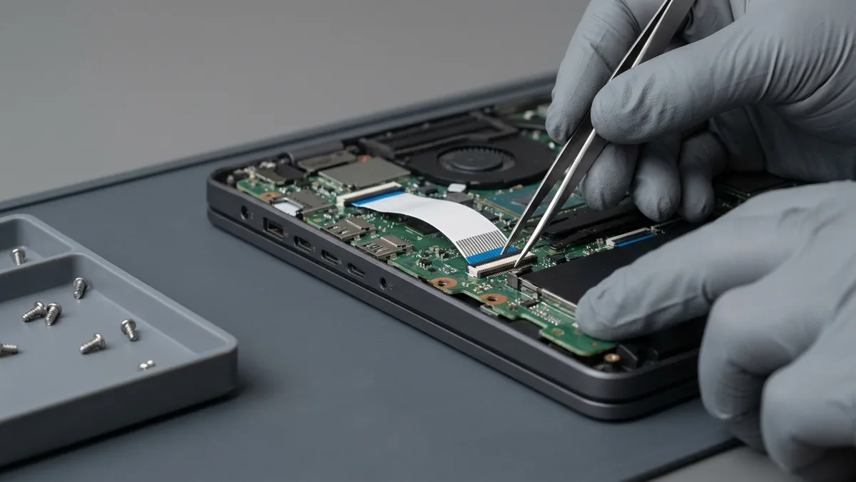 A technician re-seating a laptop keyboard ribbon cable into its connector with tweezers